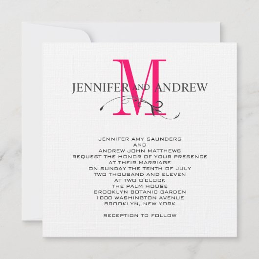 Hot Pink Monogram en Names Wedding Invitation Kaart (Voorkant)