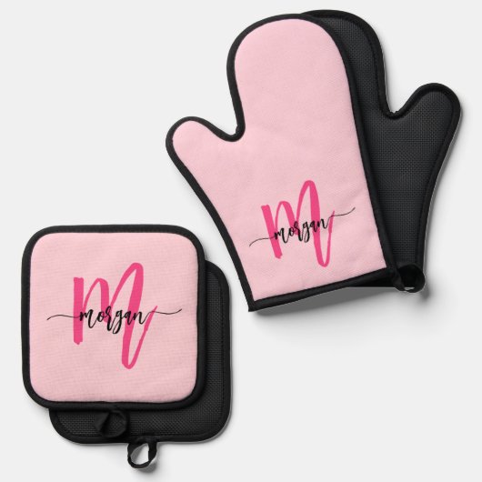 Hot Pink Monogram Meisje Keukenscript Ovenwant & Pannenlap Set (Voorkant / Achterkant)