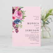 Hot Pink & Navy Blue Floral bruiloft uitnodiging 3 (Staand voorkant)