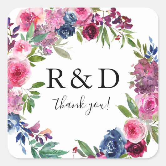 Hot Pink & Navy Blue Floral Monogram - Square Stic Vierkante Sticker (Voorkant)