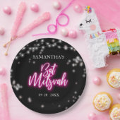 Hot Pink Neon-Theme Bat Mitswa Papieren Bordje (Feest)