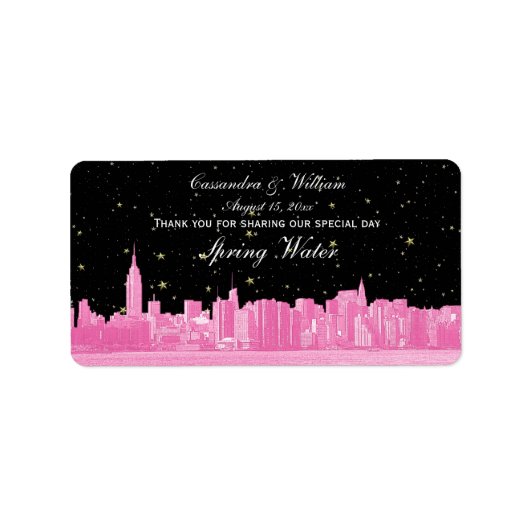 Hot Pink NYC Wide Starry Skyline Etch Water Bottle Etiket (Voorkant)