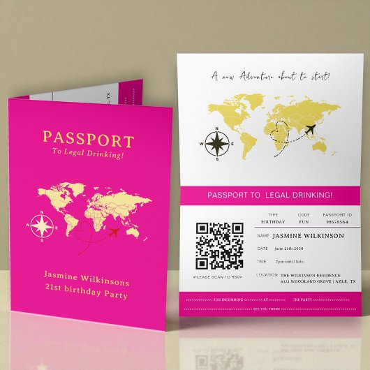 Hot Pink Passport Style 21st Birthday Party Aankondiging