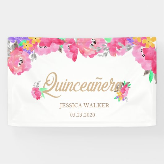 Hot Pink Peonies Quinceanera Welcome Banner (Horizontaal)