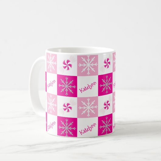 Hot Pink Peppermint Silver Snowflake Jouw naam toe Koffiemok (Voorkant links)
