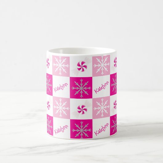 Hot Pink Peppermint Silver Snowflake Jouw naam toe Koffiemok (Center)