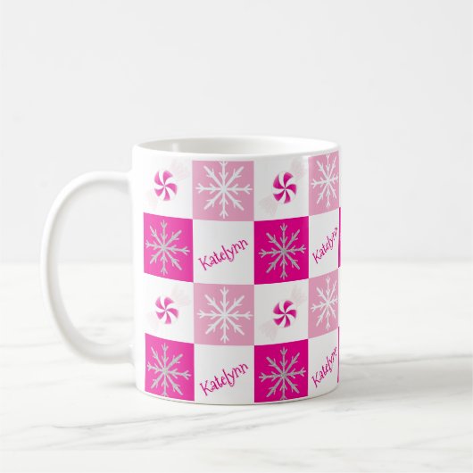 Hot Pink Peppermint Silver Snowflake Jouw naam toe Koffiemok (Links)