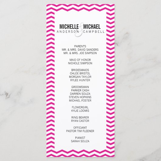 Hot Pink Perfect Chevron / Zig Zag Wedding Program Programma (Achterkant)