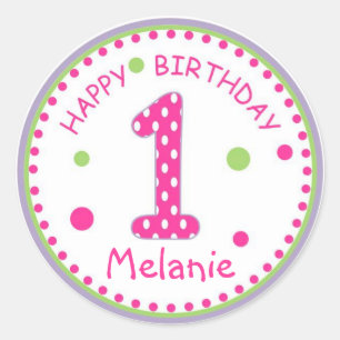 Hot Pink Polka Dot Happy Birthday Number 1 Ronde Sticker