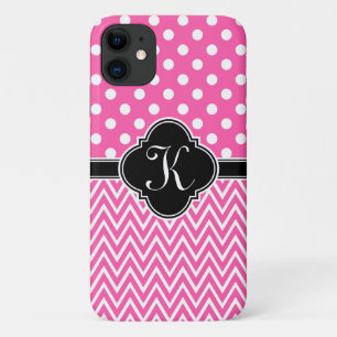 Hot Pink Polka Dots Chevron Quatrefoil Monogram iPhone 11 Hoesje