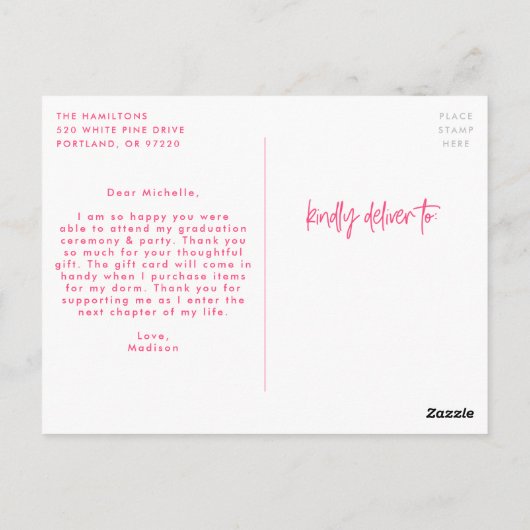 Hot Pink Preppy Script Photo Afstuderen Hartelijk  Briefkaart (Achterkant)