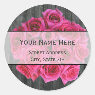Hot Pink Rose Boeket & Barnwood Adreslabel Ronde Sticker