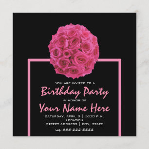 Hot Pink Rose Bouquet Birthday Party Invite Kaart