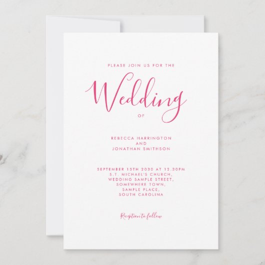 Hot Pink Script Font Wedding Kaart (Voorkant)