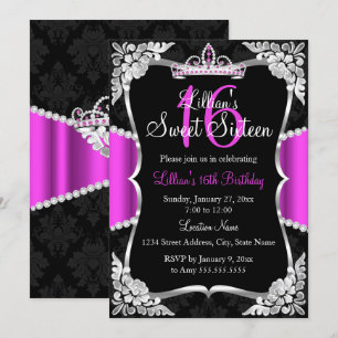 Hot Pink Silver Black Tiara Sweet 16 Uitnodiging