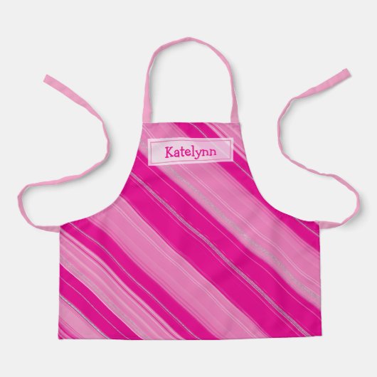 Hot Pink & Silver Candy Cane Stripe Jouw naam toev Schort (Voorkant)