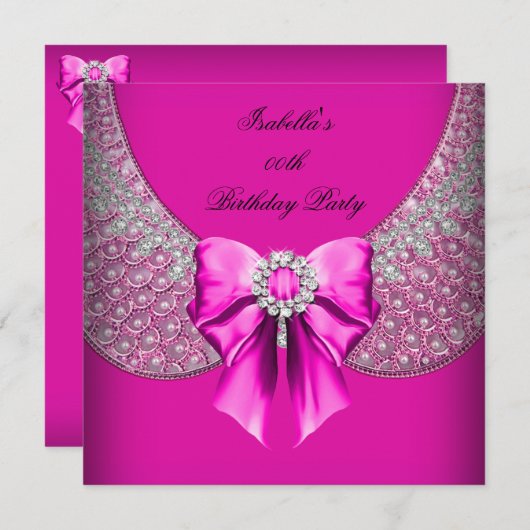 Hot Pink Silver Elegant Birthday Party Kaart (Voorkant / Achterkant)