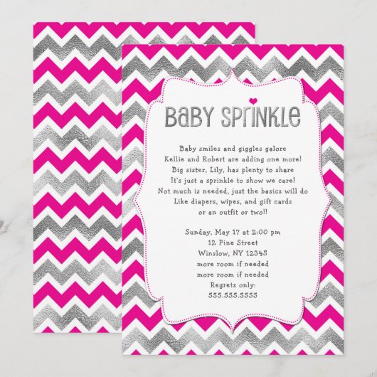 Hot Pink Silver Girl Baby Sprinkl invitations (Devant / Derrière)
