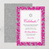 Hot Pink Silver Glitter Swirl Damask Receptie Kaart (Voorkant / Achterkant)