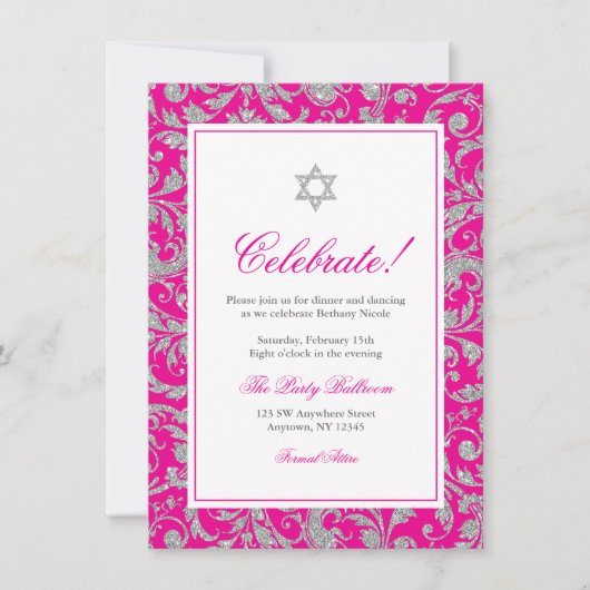 Hot Pink Silver Glitter Swirl Damask Receptie Kaart (Voorkant)