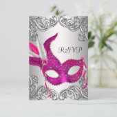 Hot Pink Silver Mask Masquerade Party RSVP (Staand voorkant)