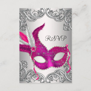 Hot Pink Silver Mask Masquerade Party RSVP Kaartje