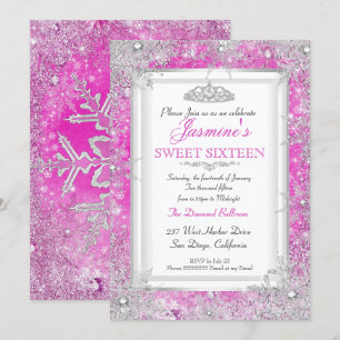 Hot Pink Silver Winter Wonderland Sweet 16 Kaart