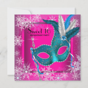 Hot Pink Snowflake Sweet 16 Masquerade Party Kaart