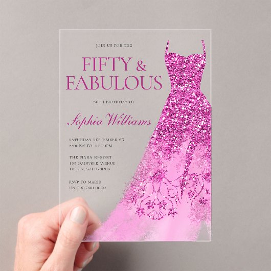 Hot Pink Sparkle Dress 50ste verjaardagsfeestje Acryl Uitnodigingen (Insitu (Draagbaar))