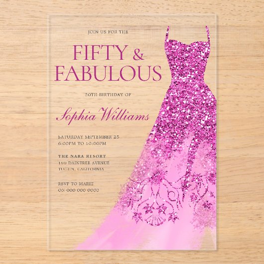 Hot Pink Sparkle Dress 50ste verjaardagsfeestje Acryl Uitnodigingen (Voorkant)