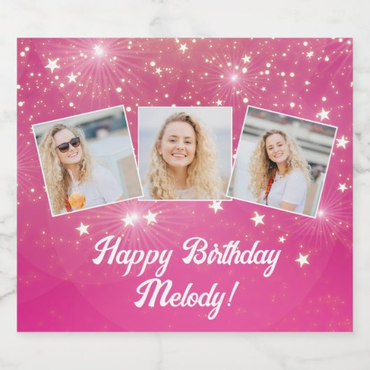 Hot Pink Sparkle Photo Collage Verjaardagsfeest Sparkling Wijnetiket (Enkel label)