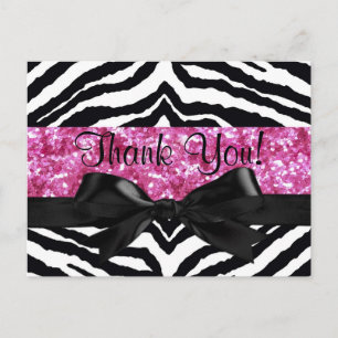 Hot Pink Sparkle Zebra Girly Girl Bedankt Opmerkin Briefkaart