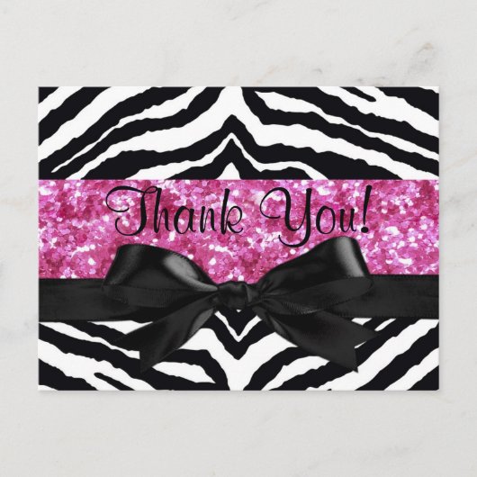 Hot Pink Sparkle Zebra Girly Girl Bedankt Opmerkin Briefkaart (Voorkant)
