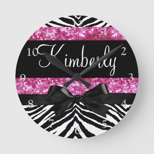 Hot Pink Sparkle Zebra Girly's Ronde Klok (Voorkant)