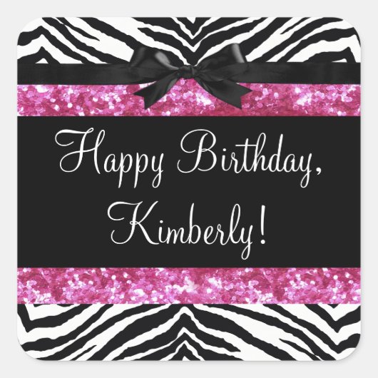 Hot Pink Sparkle Zebra Girly's Vierkante Sticker (Voorkant)
