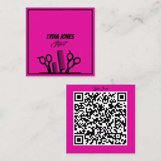 Hot Pink Square Stylist Visitekaartje met QR-code (Voorkant / Achterkant)