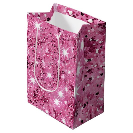 Hot Pink Stars Sequin Glitter Medium Cadeauzakje (Voorkant Gekanteld)
