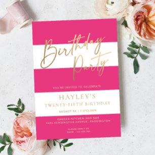 Hot Pink Stripe Verjaardag Folie Invitation Uitnodiging