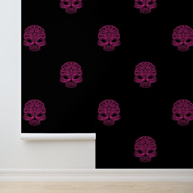 Hot Pink Sugar Skulls op Solid Black Behang (Applicatie)