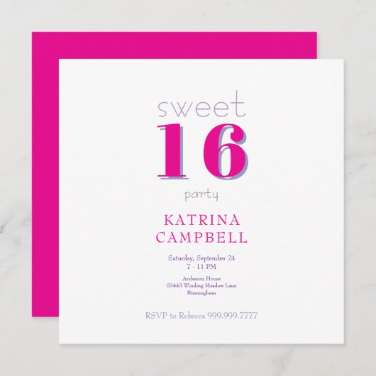 Hot Pink Sweet 16 Square Verjaardagsfeest Kaart (Voorkant / Achterkant)