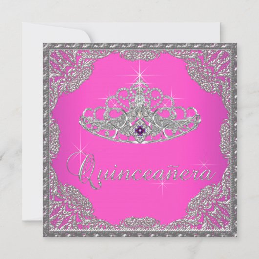 Hot Pink Tiara Quinceanera Kaart (Voorkant)