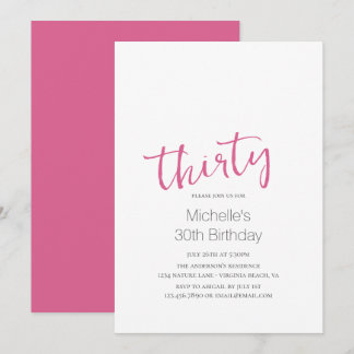 Hot Pink Trendy Moderne Minimalistische 30e verjaa Kaart