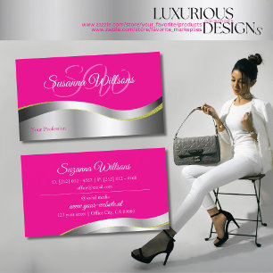 Hot Pink Wavy Silver Decor met Initialen Classy Visitekaartje