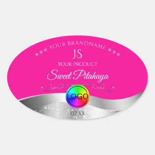 Hot Pink Wavy Silver Logo Monogram Productlabel Ovale Sticker