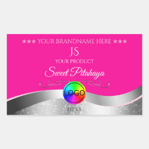 Hot Pink Wavy Silver Logo Monogram Productlabel Rechthoekige Sticker