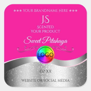 Hot Pink Wavy Silver Logo Monogram Productlabel Vierkante Sticker