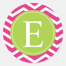 Hot Pink White Chevron Green Monogram Ronde Sticker