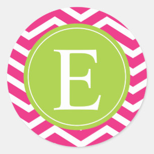 Hot Pink White Chevron Green Monogram Ronde Sticker