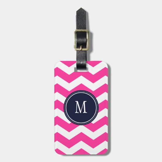 Hot Pink & White Chevron Monogram Bagagelabel (Voorkant verticaal)
