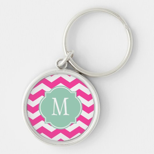 Hot Pink & White Chevron Monogram Sleutelhanger (Voorkant)